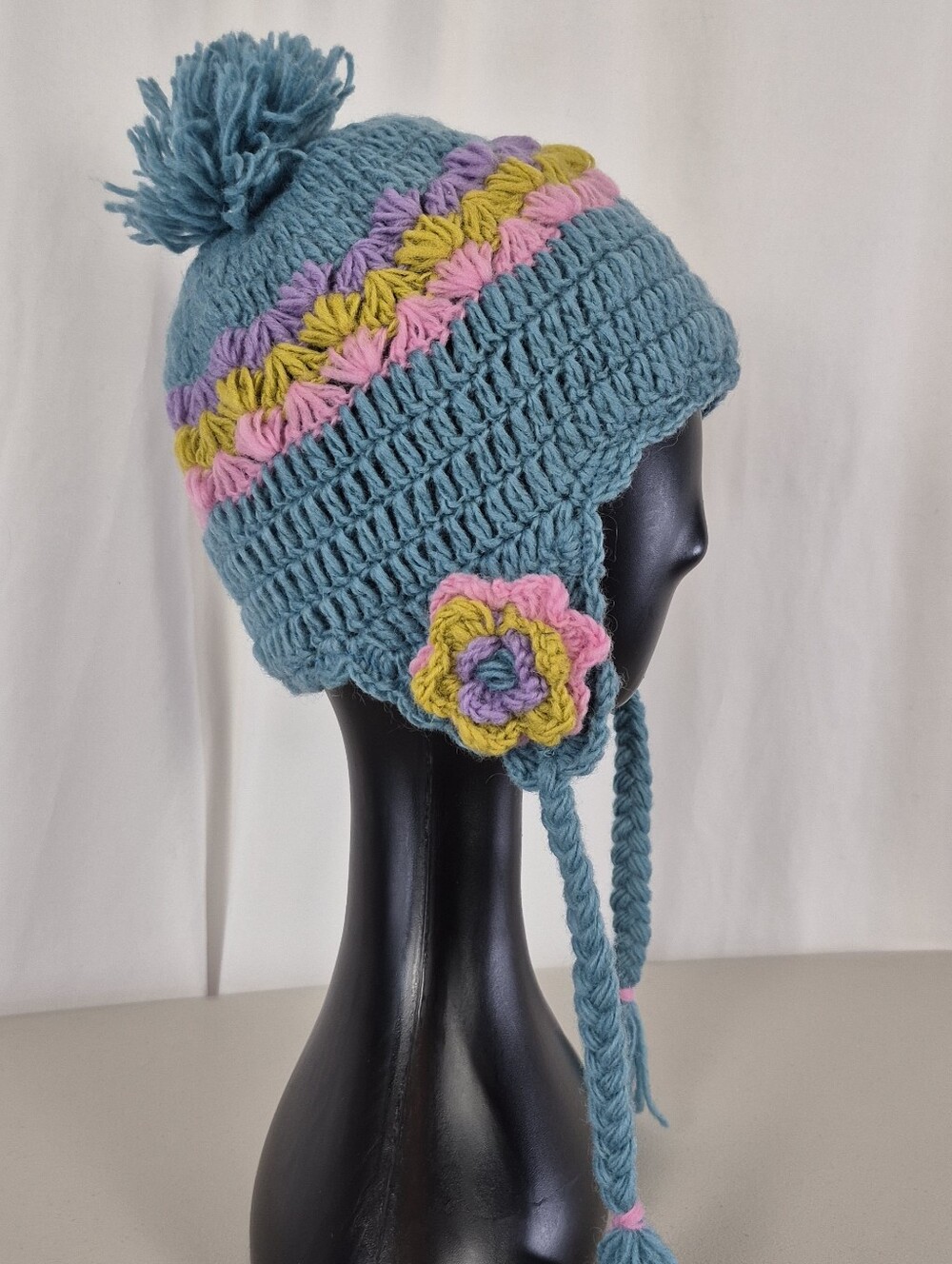 Earth Divas Wool Knit Fleece Lined Ear Flap Hat w/ Pom Pom - OS